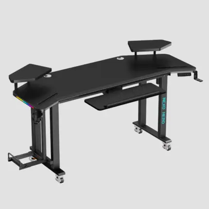 NexoHero Pro 4-leg gaming standing desk with dual monitor setup and accessories